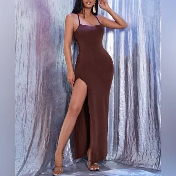 Criss Cross Lace Up Split Thigh Cami Dress | Color: Brown | Size: L | Judithmiron's Closet
